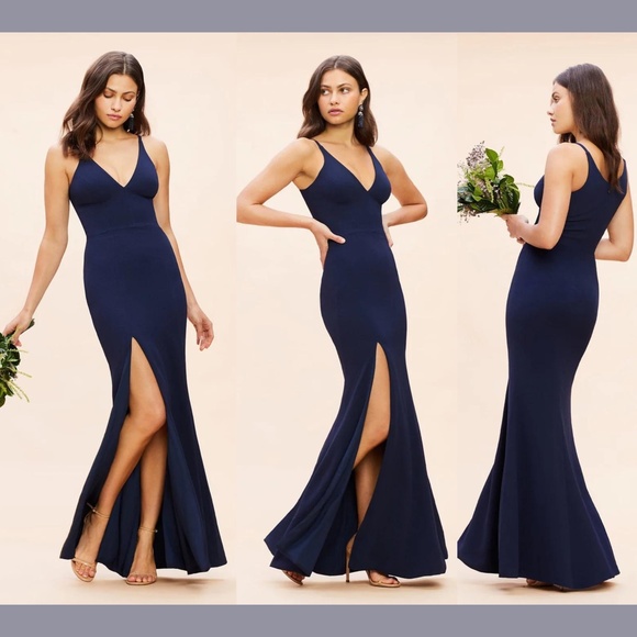 NWT Dress the Population [ Small ] Iris Slit Crepe‎ Gown in Midnight Blue - Picture 4 of 15